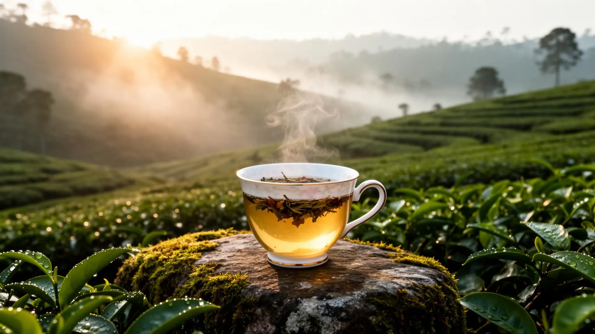 Steaming herbal tea in a porcelain cup on a misty Indian tea plantation at sunrise