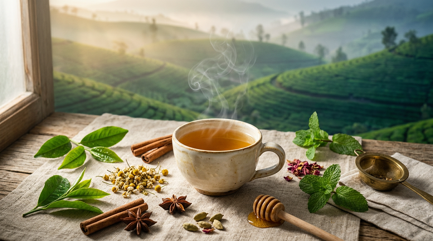 Steaming cup of organic herbal tea with fresh tea leaves, chamomile, cinnamon, cardamom, honey and mint on natural linen overlooking a misty Nilgiri tea plantation at sunrise