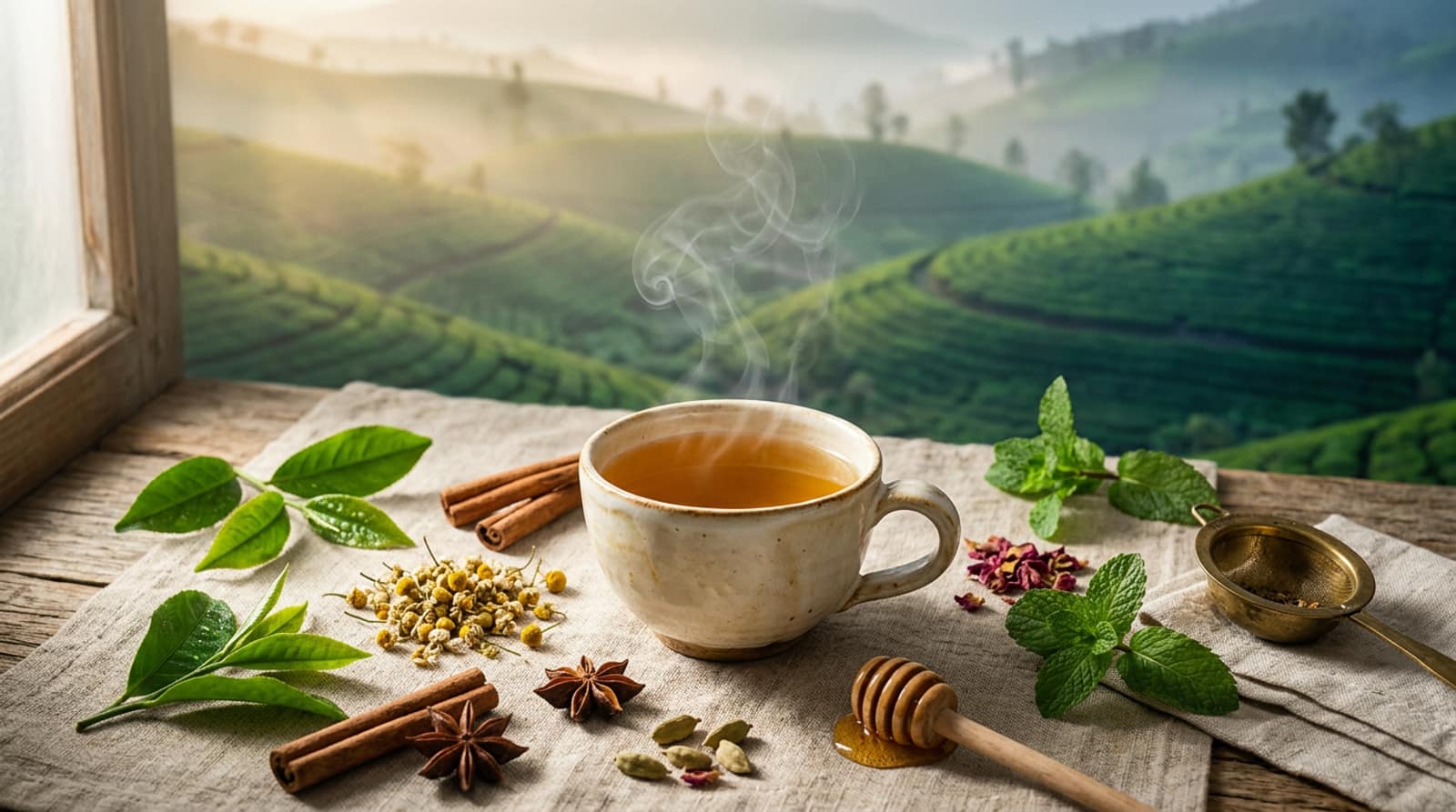 Steaming cup of organic herbal tea with fresh tea leaves, chamomile, cinnamon, cardamom, honey and mint on natural linen overlooking a misty Nilgiri tea plantation at sunrise
